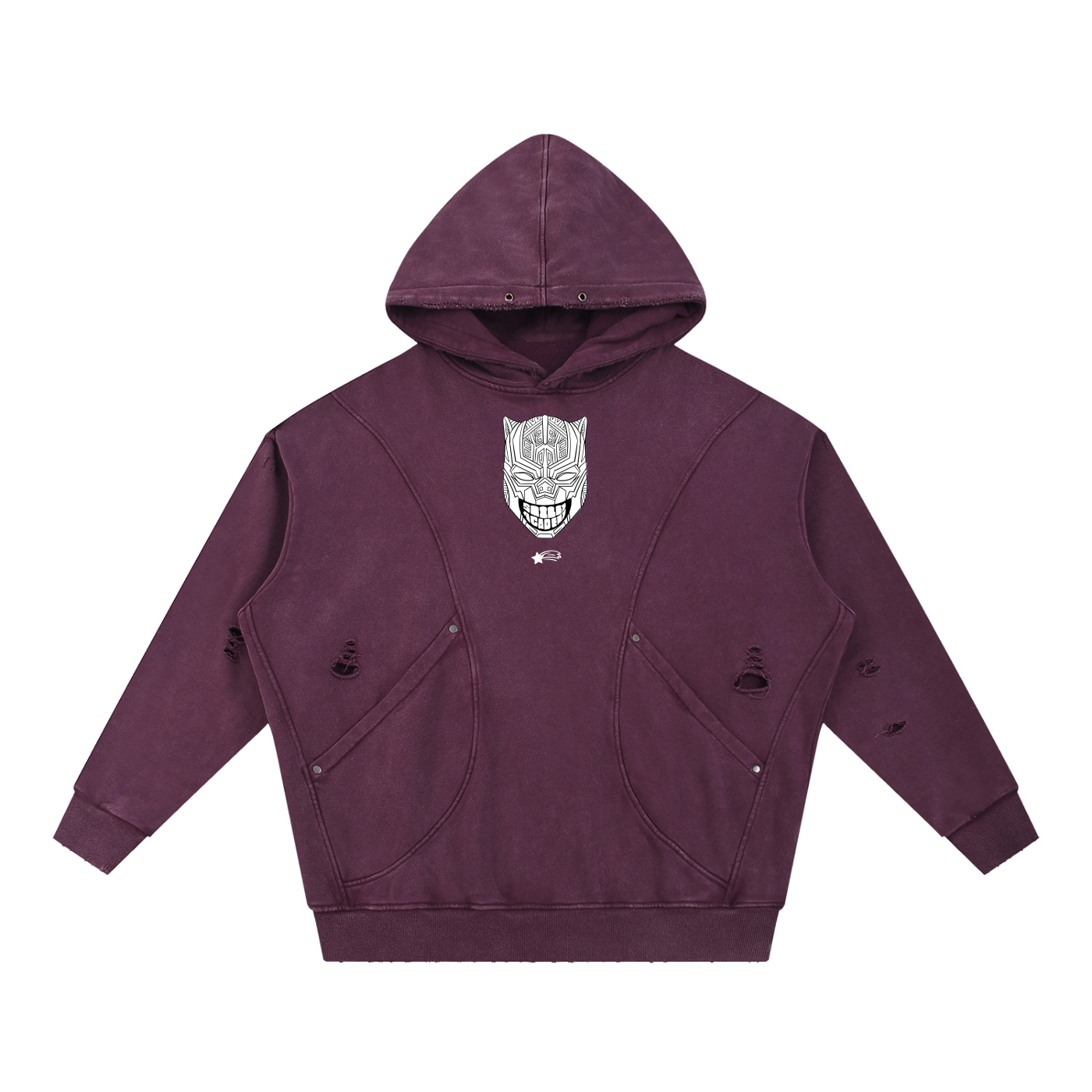 MountainStarGalaxy Snow Washed Distressed Panel Pocket Hoodie Plum Purple