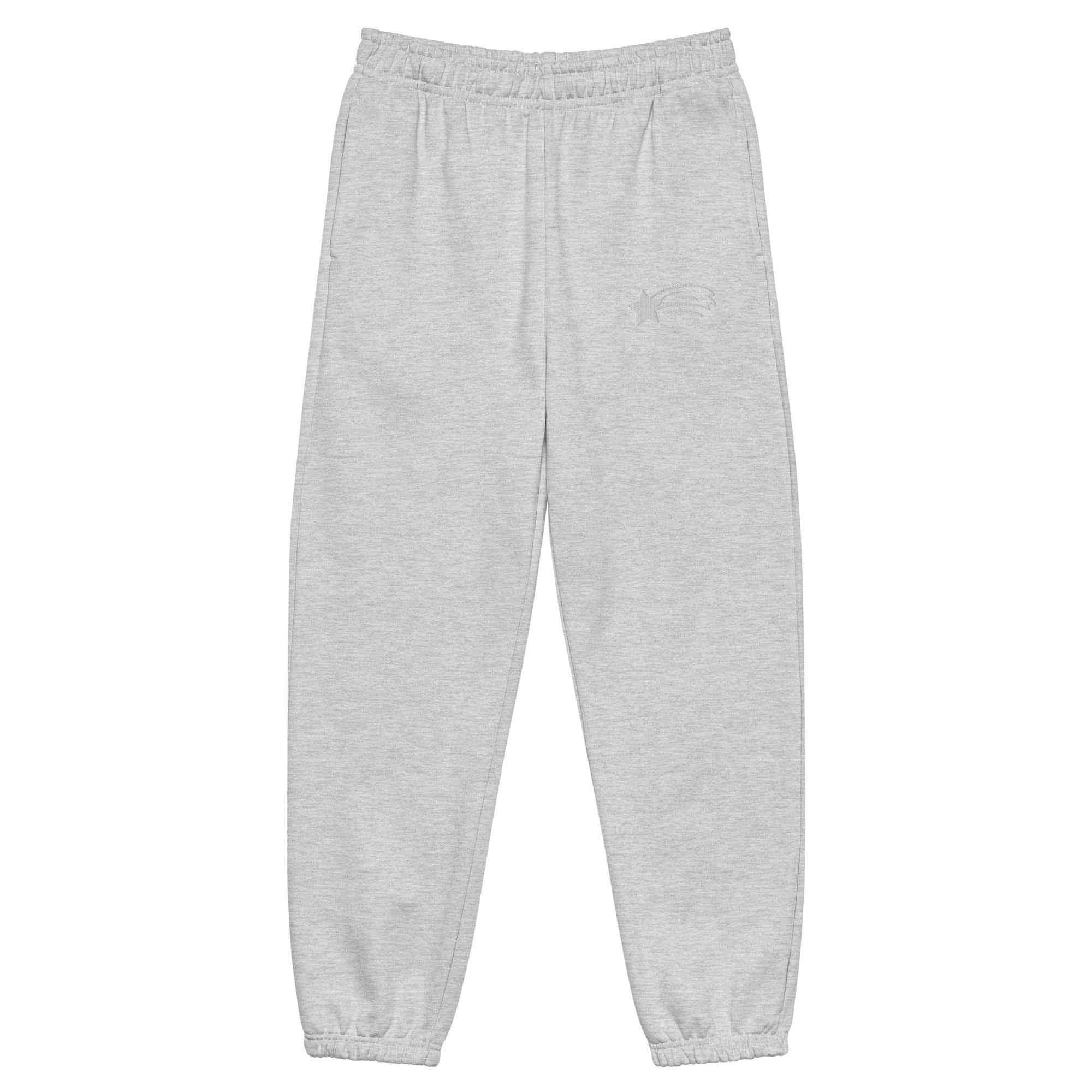 Unisex grey heavyweight sweatpants front view, MountainStarGalaxy logo, elastic waistband