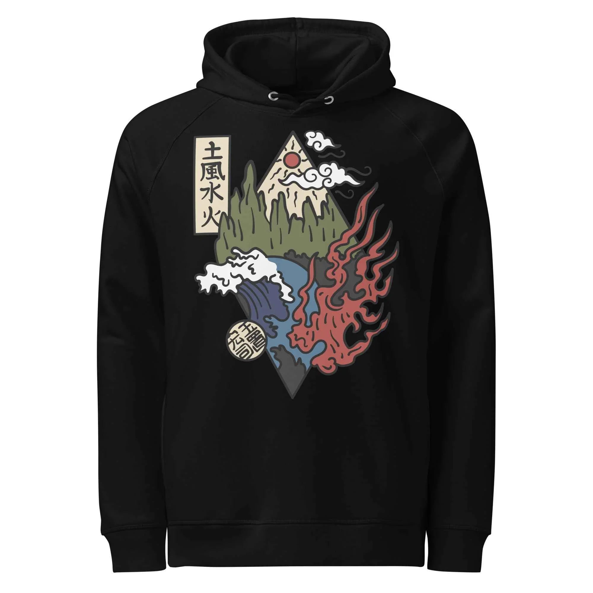 Black organic hoodie with mountain, waves, fire, and cloud graphic, MountainStarGalaxy style