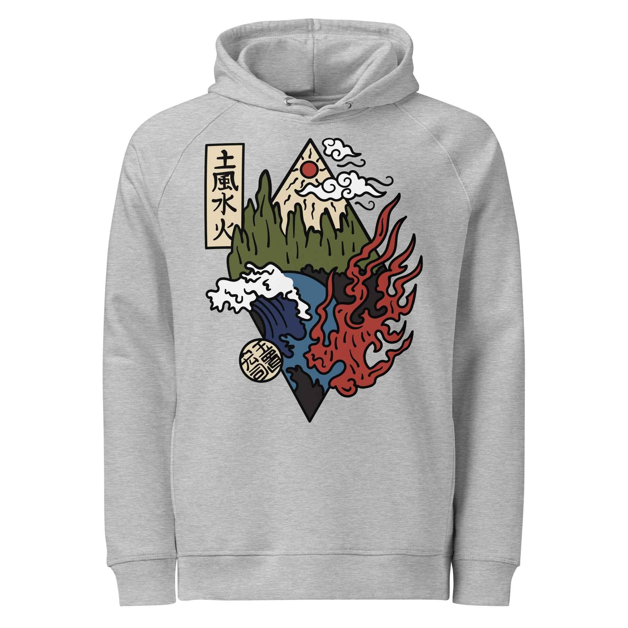 Unisex organic heather grey hoodie with mountain, waves, fire, and nature-inspired graphic