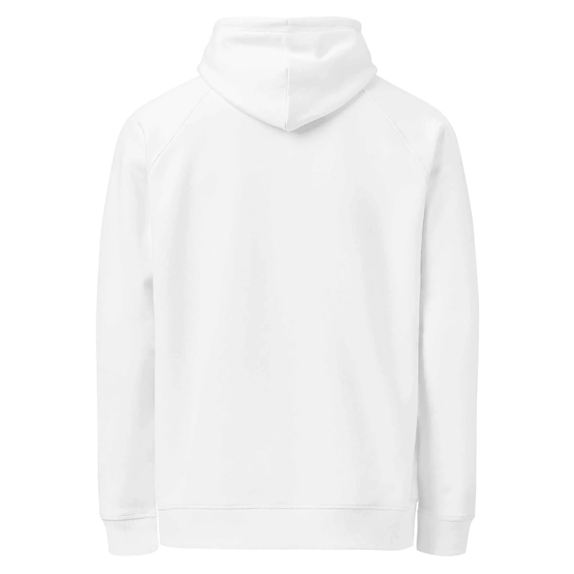 Back view of unisex organic white hoodie with hood, MountainStarGalaxy apparel