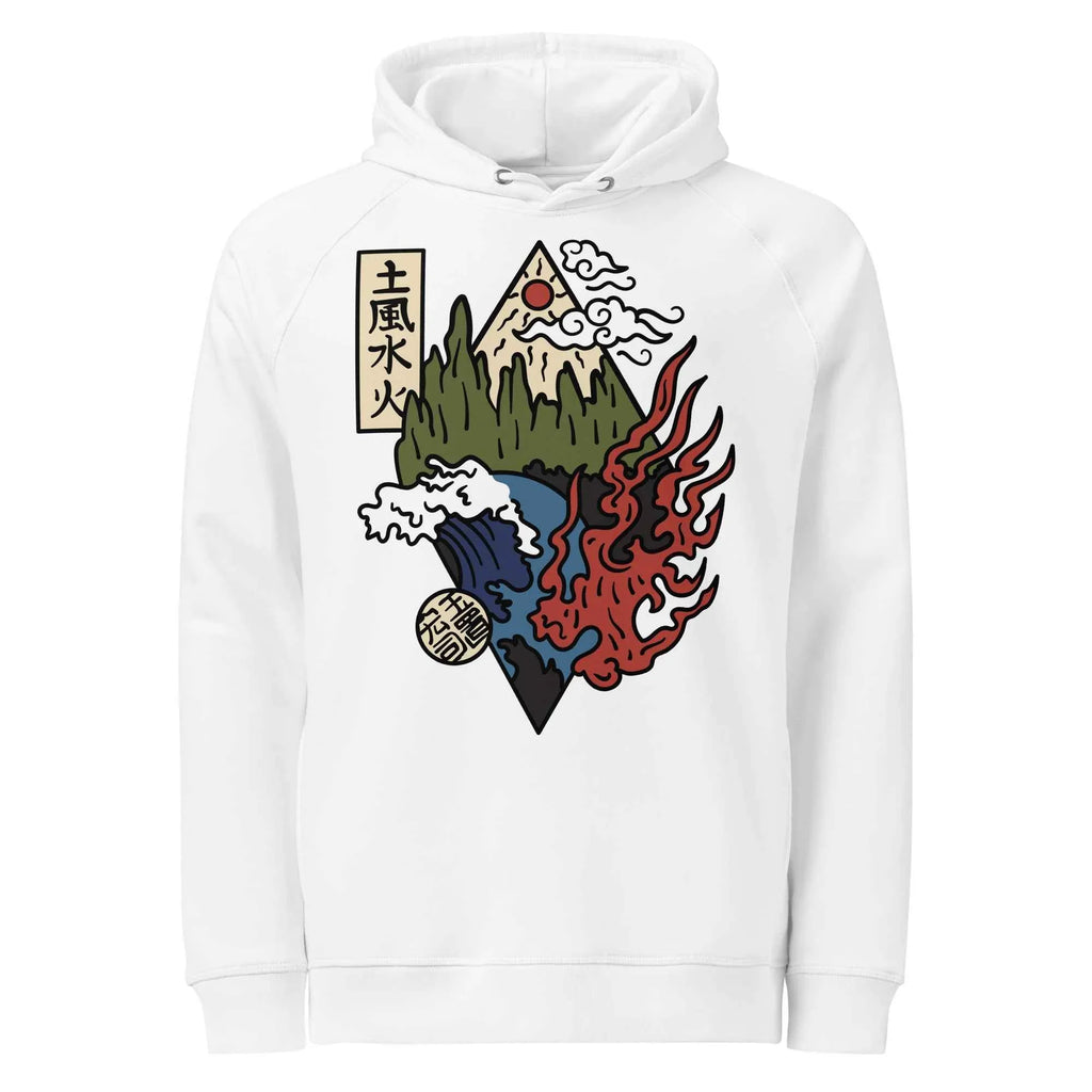 White unisex organic hoodie with MountainStarGalaxy nature and elements graphic on front