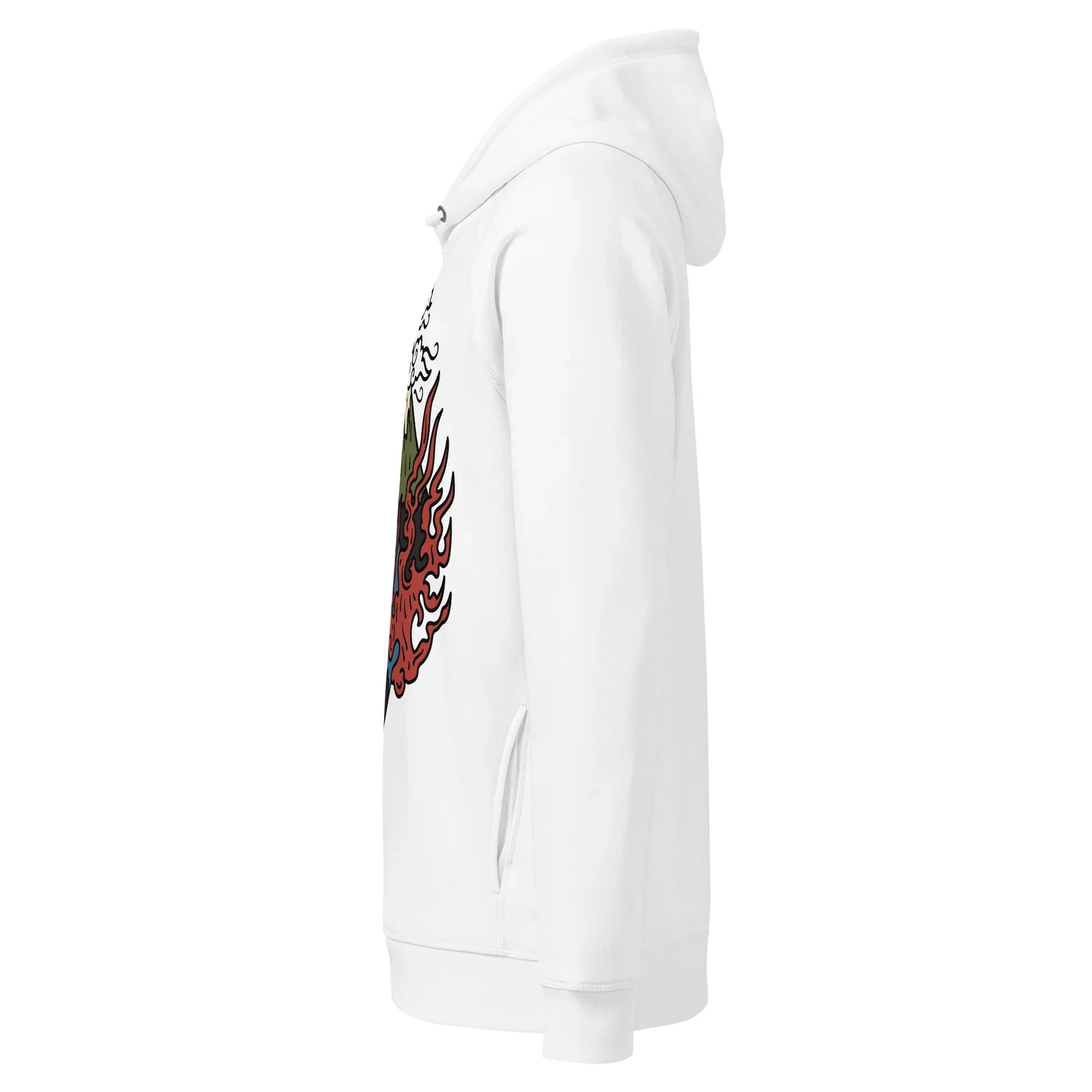 Unisex organic white hoodie with side pocket and bold flame graphic, MountainStarGalaxy