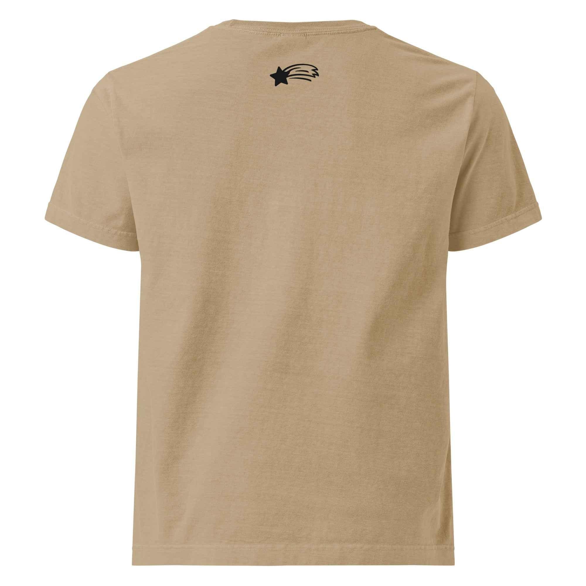 Khaki unisex oversized t-shirt with black shooting star graphic on back, MountainStarGalaxy style