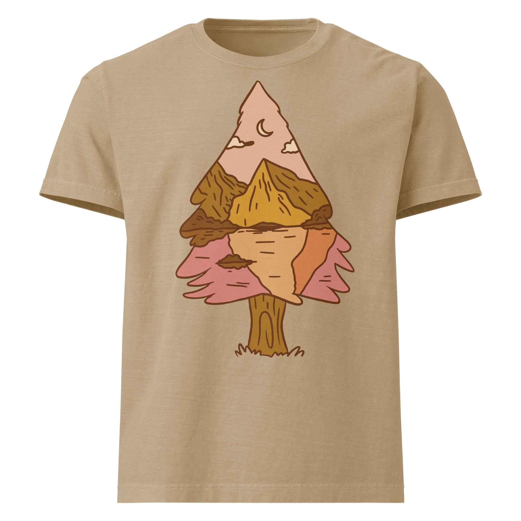 Unisex khaki oversized t-shirt with artistic tree and mountain landscape graphic, MountainStarGalaxy style