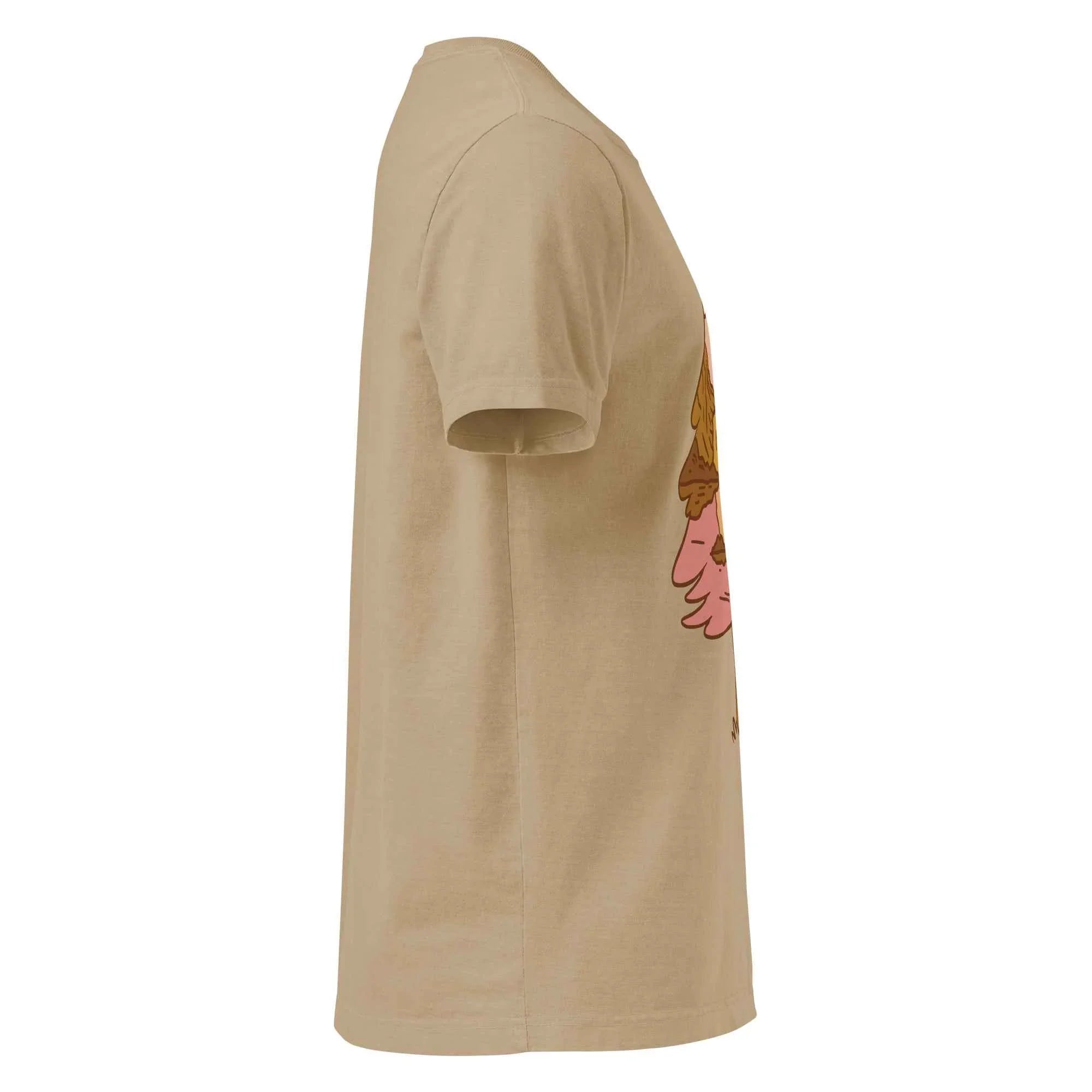 Unisex oversized khaki t-shirt with partial graphic, side view, MountainStarGalaxy style