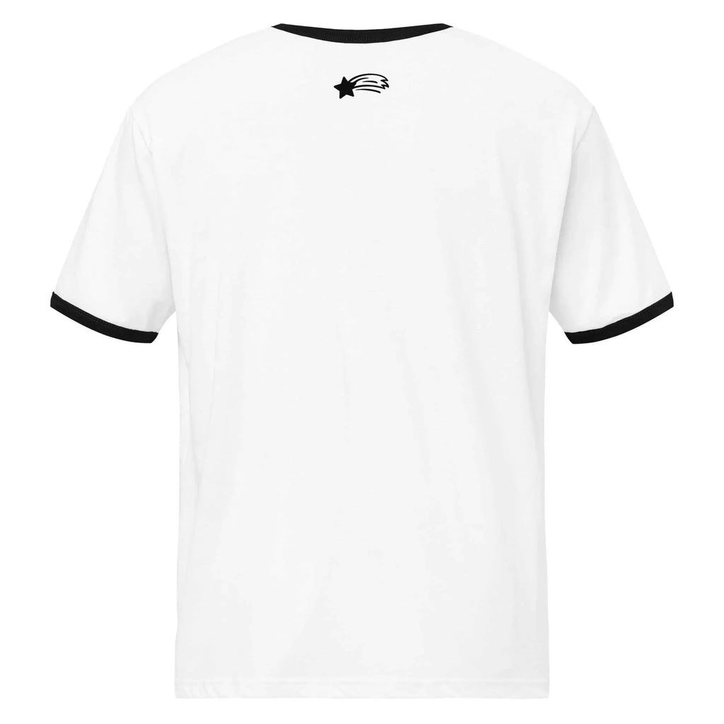 MountainStarGalaxy unisex white ringer t-shirt with black trim and star logo on back