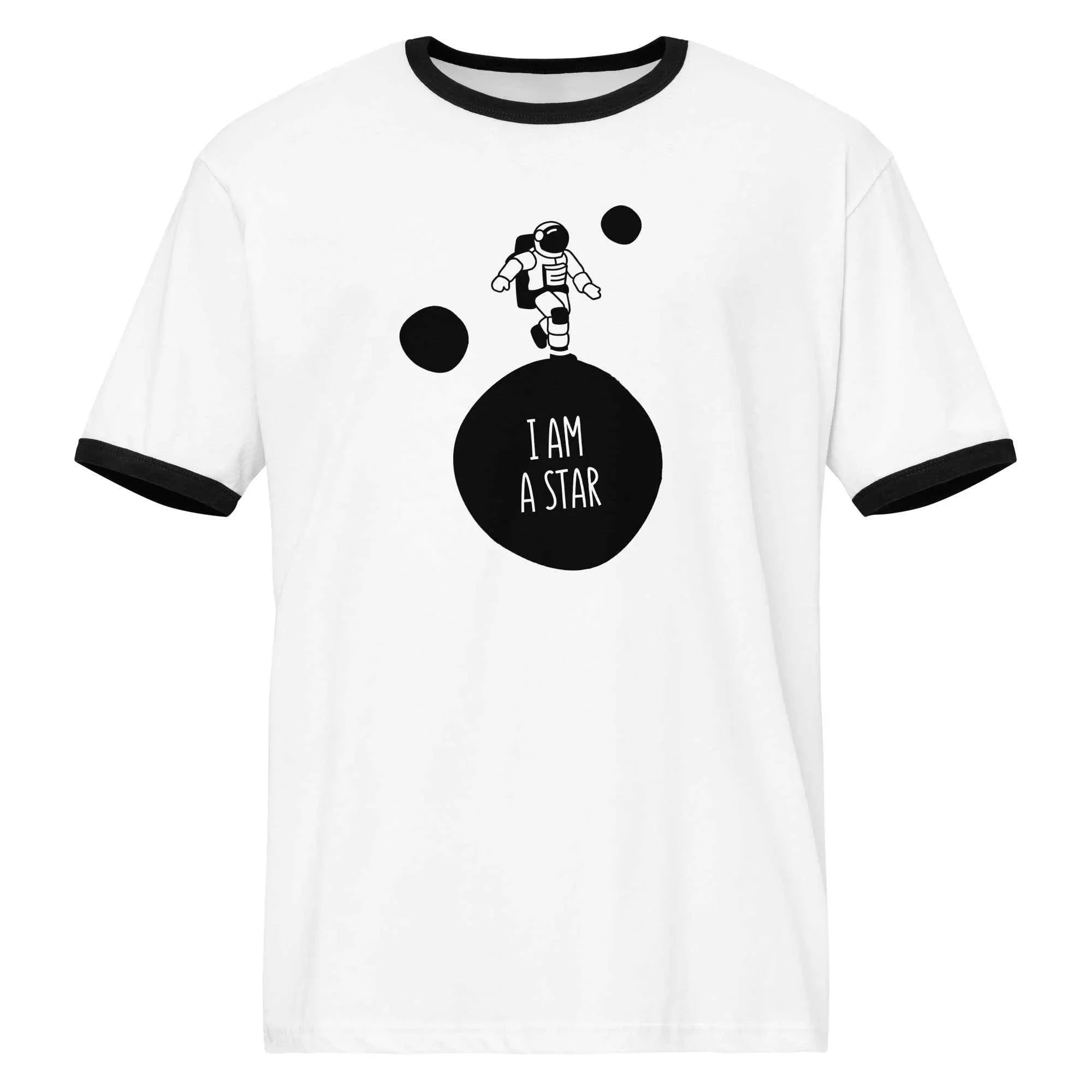 White unisex ringer t-shirt with black trim, astronaut graphic, and 'I AM A STAR' text, MountainStarGalaxy