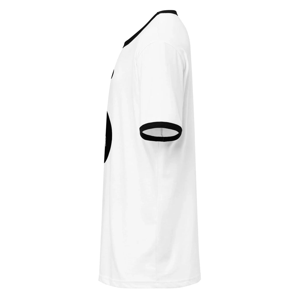 White unisex ringer t-shirt with black collar and sleeve bands, MountainStarGalaxy style